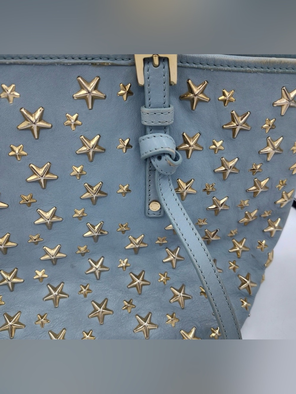 Jimmy Choo Sasha Blue Leather Gold Star Studded Tote - Authentic - Picture 3 of 14